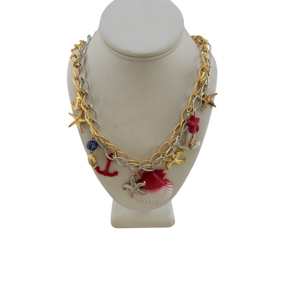 Vintage Signed 2 Tone Chains with Resin Charms Necklace (A8232)